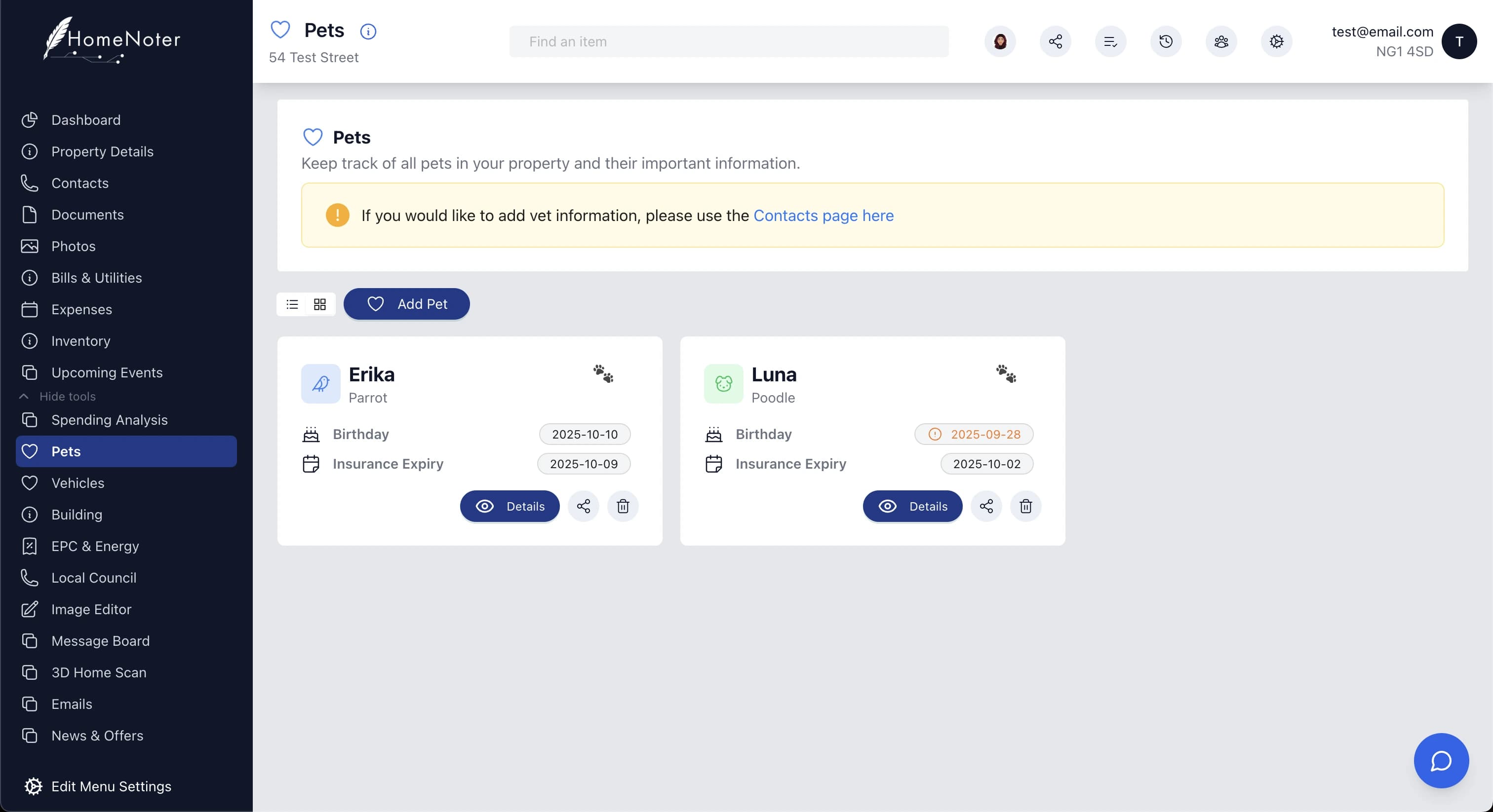 Keep track of your pets and their details